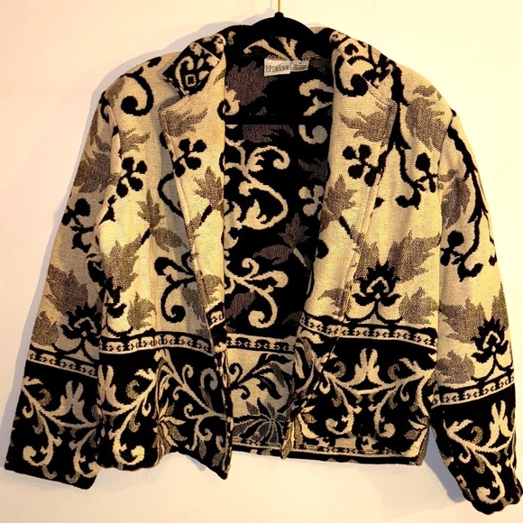 Carolina Colours Jackets & Blazers - Women's Black and Cream Cotton Tapestry Vintage 90s Y2K Jacket Medium 8/10
